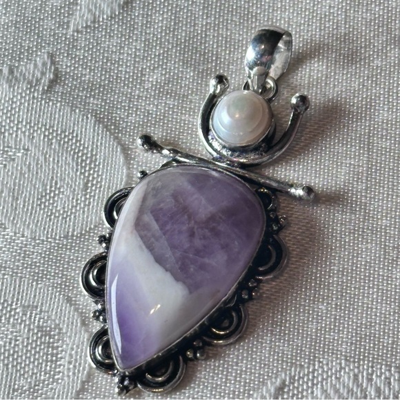 Elegant Artisan Amethyst Pendant Teardrop With Pearl Accent Silver Tone - Picture 5 of 7